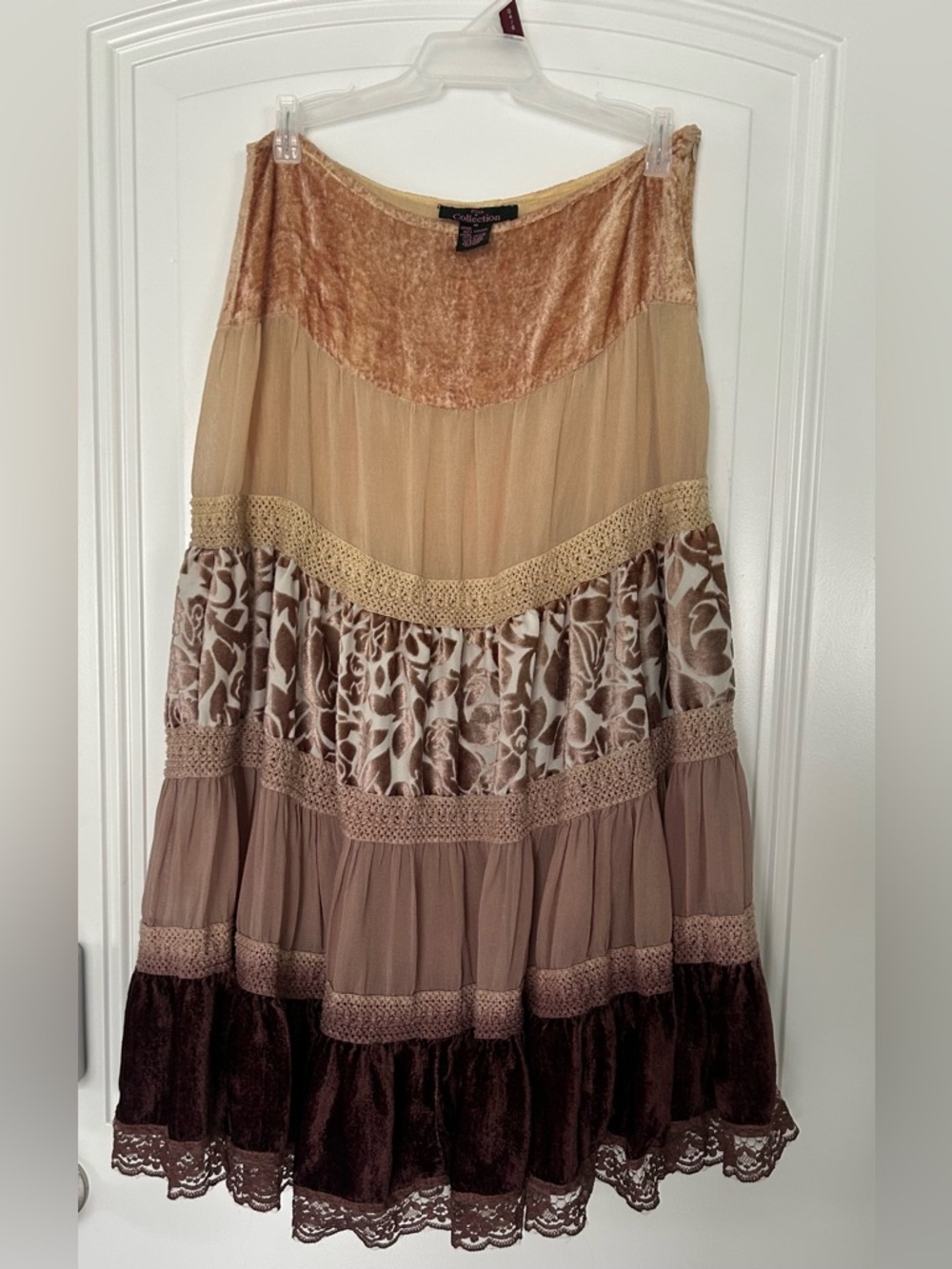 PINK COLLECTION Bohemian Tiered Maxi Skirt in Beige and Brown